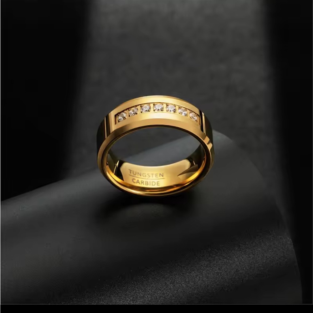 NEW 8mm Gold Tungsten Ring with CZ Stones – Unisex Statement Band (Size 12) - Picture 3 of 5